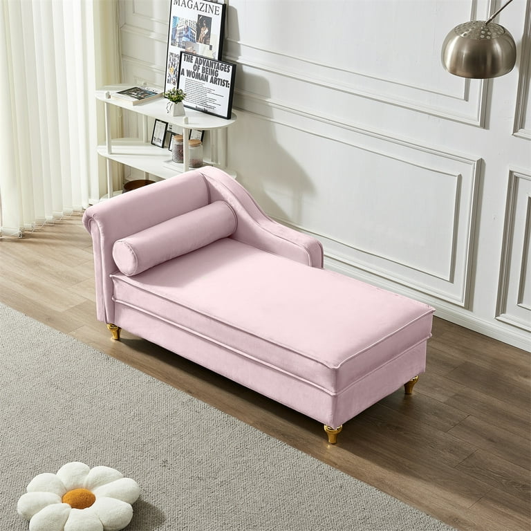 Chaise Lounge Chair with Storage Upholstered Velvet Sleeper Lounge Sofa Recliner Chair Rolled Arm Storage Ottoman Bench with Gold Metal Legs for Living Room Bedroom Apartment Pink Walmart