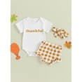 thumbnail image 2 of LMLYSoH Infant Girl Thanksgiving Jumpsuit Letter Short Sleeve Romper + Ruffled Plaid Print Shorts + Bow Headband, 2 of 9