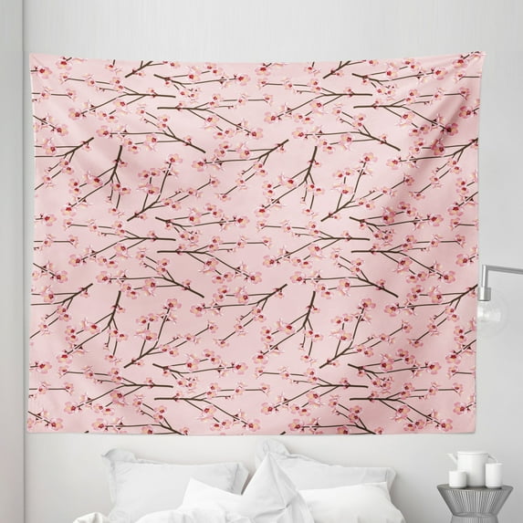 Floral Tapestry, Japanese Momo Peach Tree Flowered Branches in Repetitive Pattern Image, Fabric Wall Hanging Decor for Bedroom Living Room Dorm, 5 Sizes, Rose and Dark Cocoa, by Ambesonne