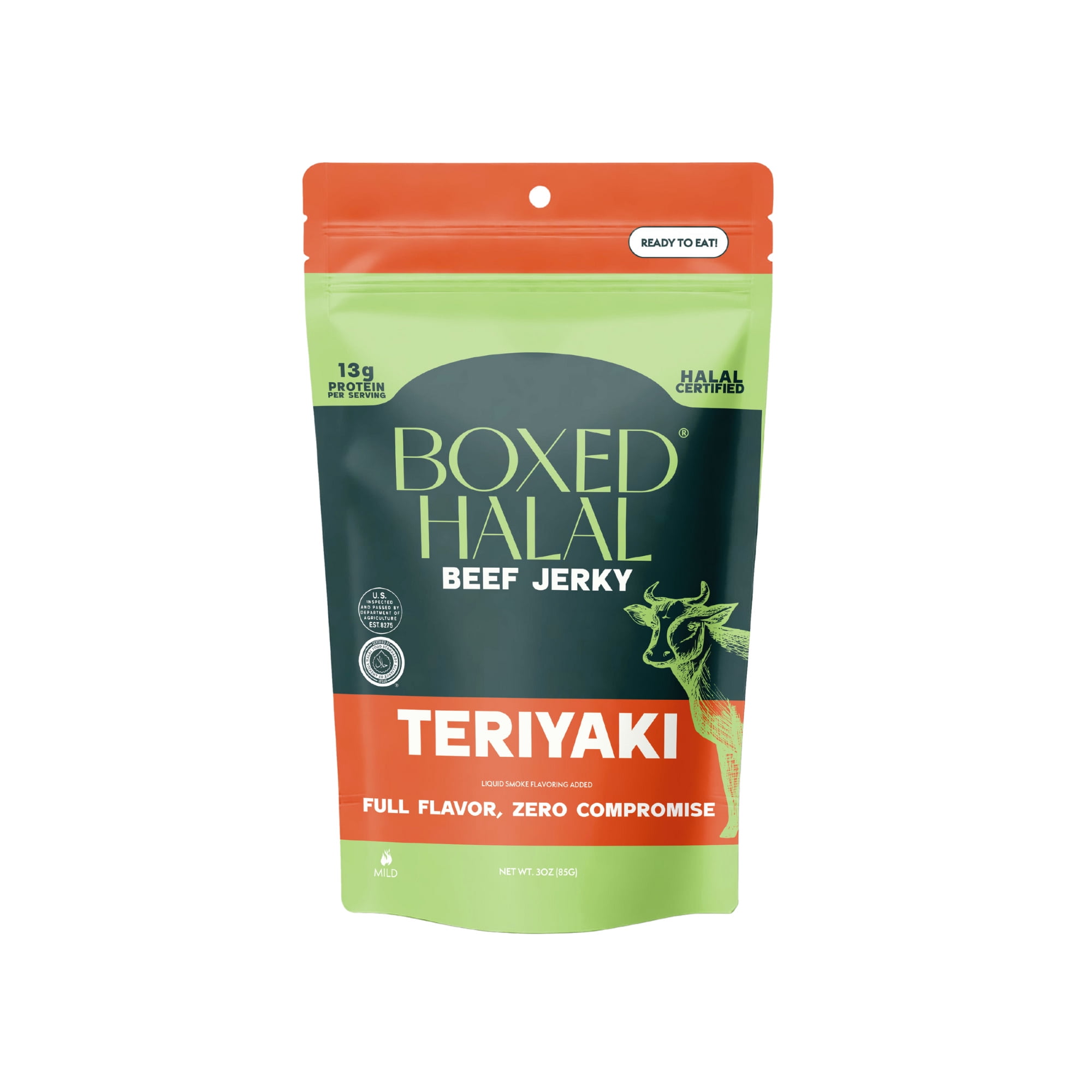 BOXED HALAL Premium 100% Grass-Fed Teriyaki Beef Jerky Strips, 13g Protein, , HFSAA Certified Halal, Keto Friendly Snack, 3 Oz. Bags (3 Pack)