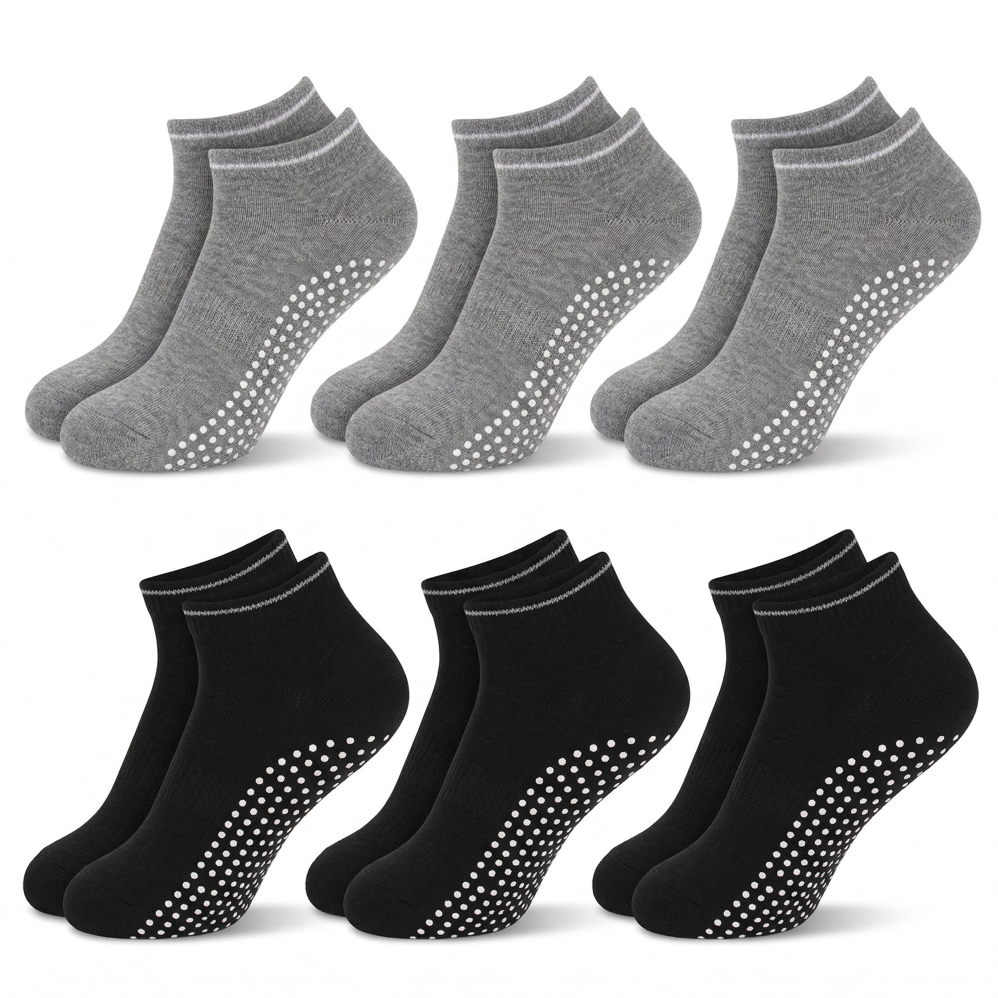 Yoga Socks for Women Non-Slip, 6 Pairs (3 Black + 3 Gray) Breathable Cotton Grippy Socks with Silicone Dots for Pilates, Trampoline, Dance, and Gym Workouts