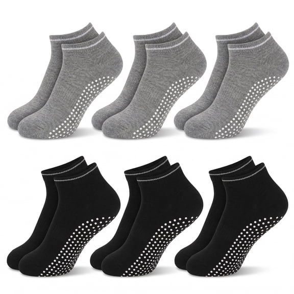 Yoga Socks for Women Non-Slip, 6 Pairs (3 Black 3 Gray) Breathable Cotton Grippy Socks with Silicone Dots for Pilates, Trampoline, Dance, and Gym Workouts