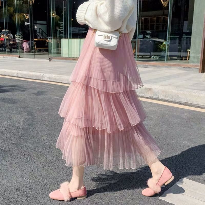 long pink ruffle skirt