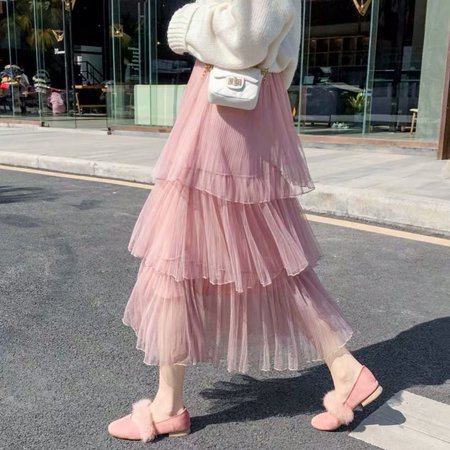 Women's Sweet Elastic Waist Tulle Layered Ruffles Mesh Long Tiered ...