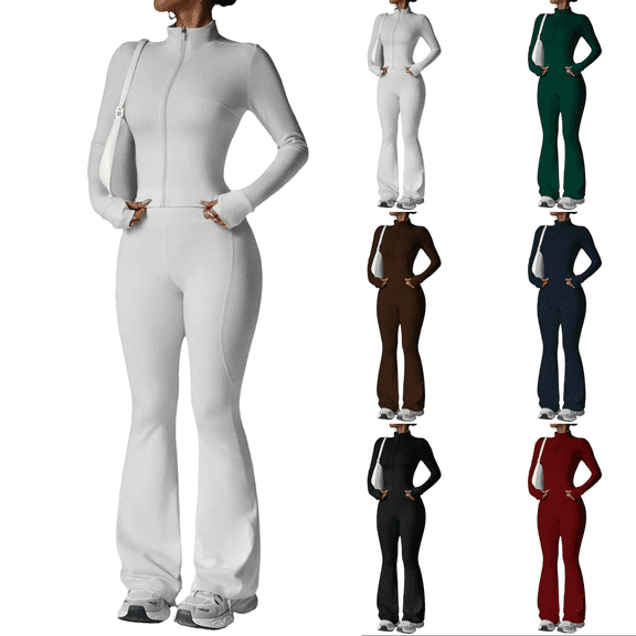 WULMLEO Athletic Sets for Women Solid Color Zip Up Track Jacket And Flared Bell Bottom Pants Gym Yoga Workout Outfits Light Gray L