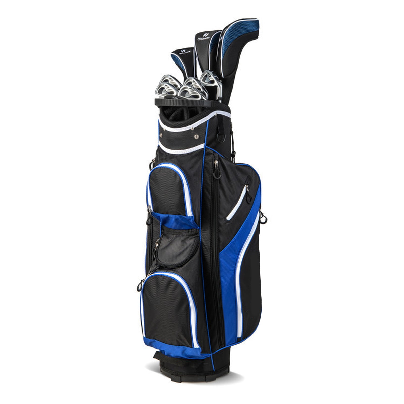 Airfind Tour-Cart 14-Way Golf Cart Bag with Color-Matched Rain Hood and Towel Ring featuring 9 zip pockets and a 9 in cart-well base for cart play, Marine Blue