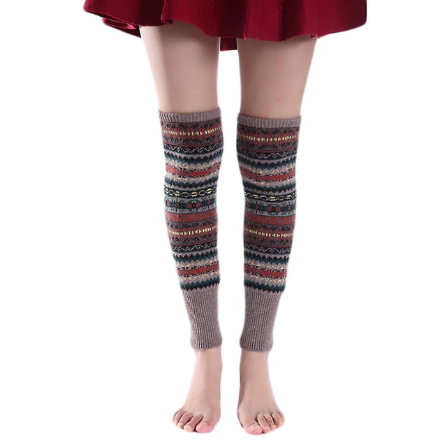 Calentadores de piernas largos de punto bohemio para mujer, calcetines hasta el muslo gruesos y cálidos a rayas de colores fluorescentes, medias por encima de la rodilla, puños par