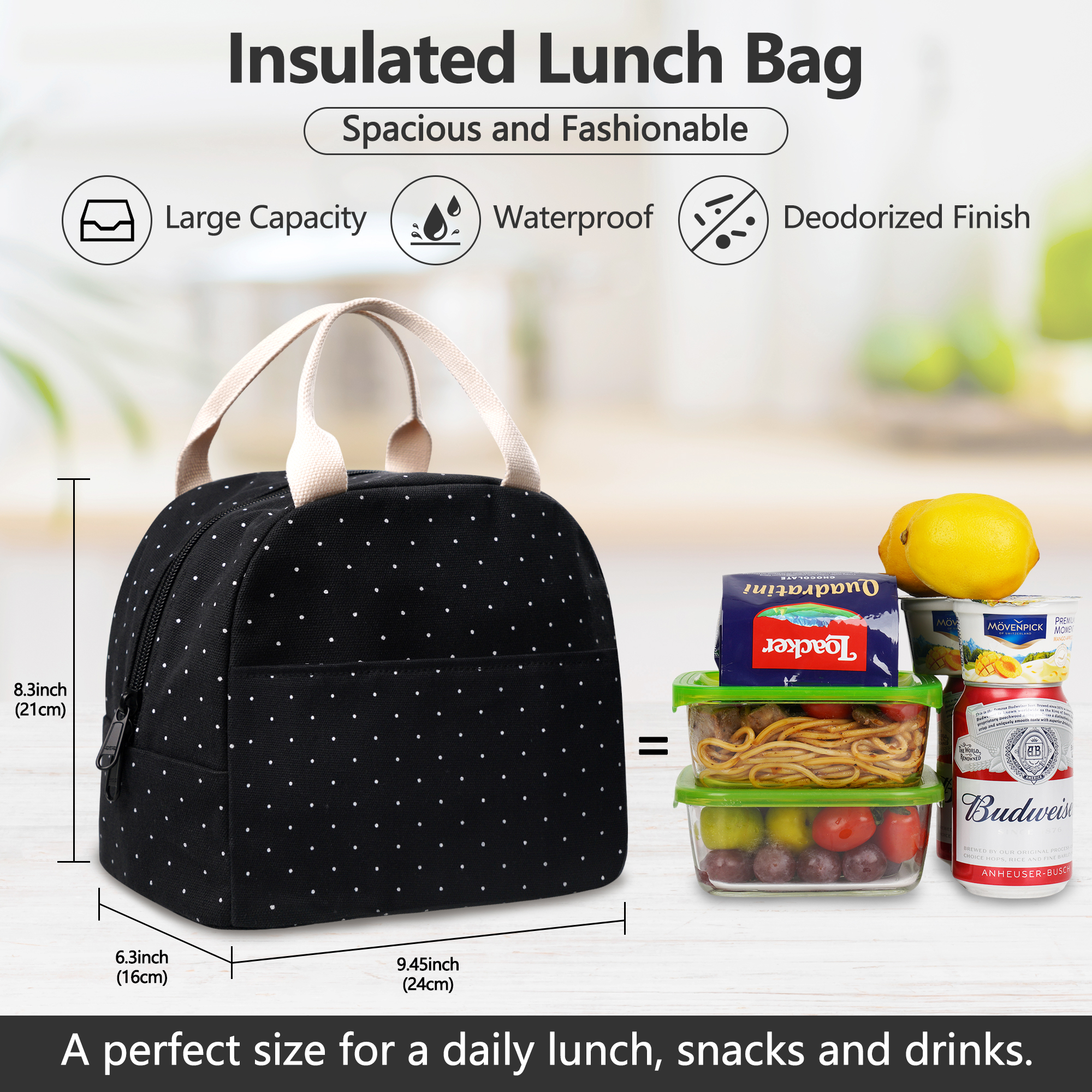 Inosoo Insulated Lunch Bag, Black with White Polka Dot photo 3