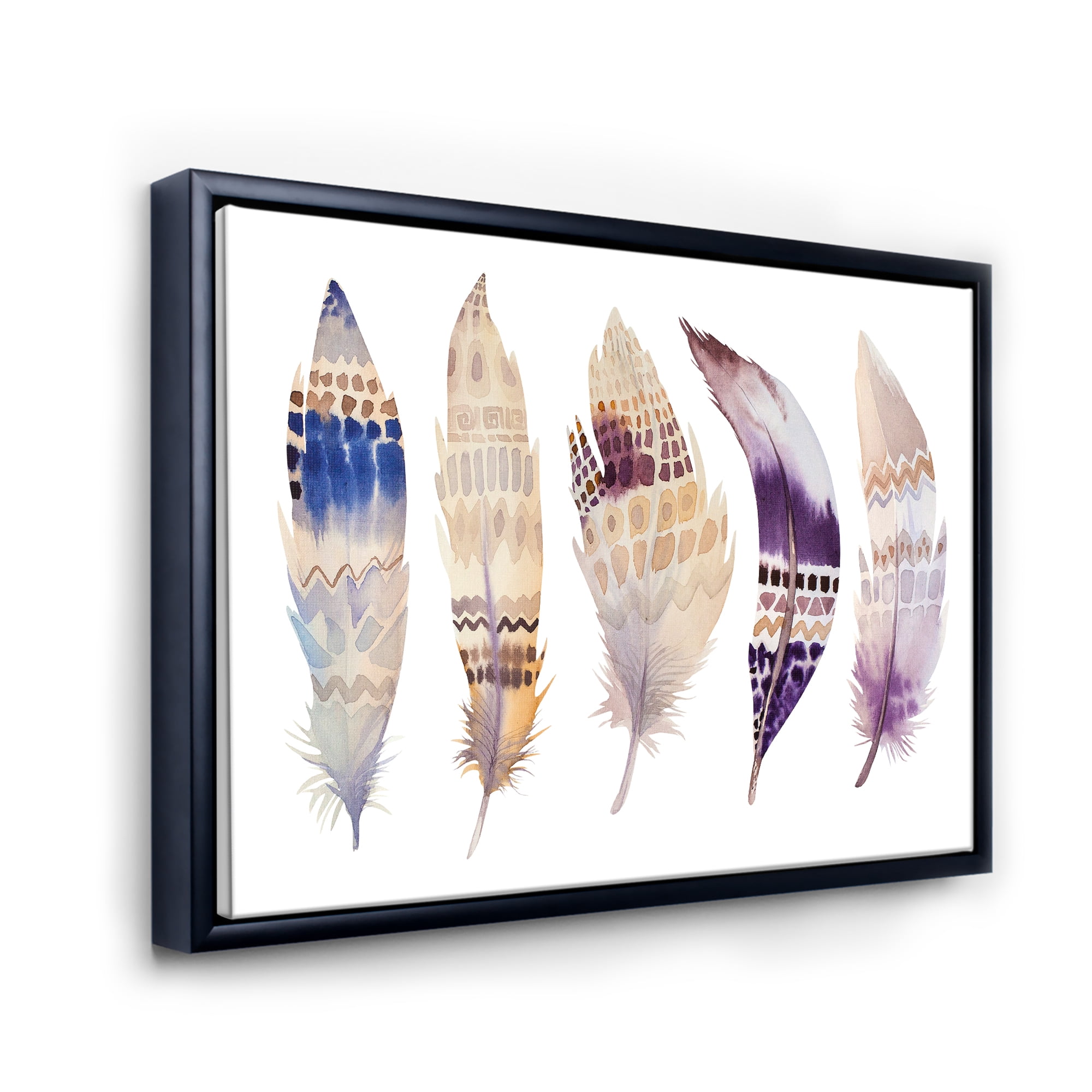 Designart 'Ethnic Purple Boho Art Feathers' Bohemian & Eclectic Framed Canvas Wall Art Print
