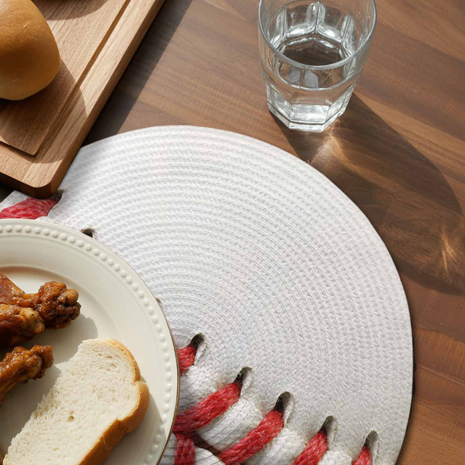 Baseball Round Placemats Set of 6 for Dinning Tables,Heat-proof Braided Table Mats 15 Inch,Red White Texture Sports Ball Minimalist Washable Place Mat for Kitchen Restaurant Party Decor Table Setting