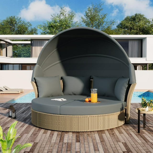 Merax Outdoor Patio Daybed Wicker Rattan Double Daybed Round Sofa Furniture Set with Retractable Canopy, 4 Pillows for Lawn Garden Backyard Porch Pool