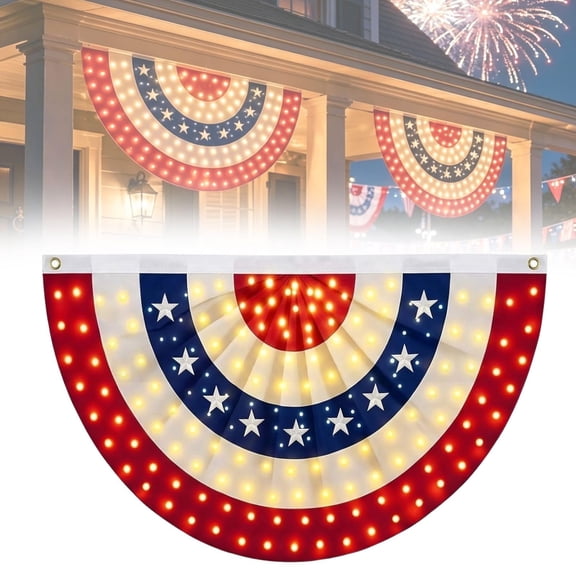 3x6 Ft LED Patriotic Bunting Banner, Lighted Half Fan American Flag for Outdoor, 4th of July Decorations Memorial Patriotic Decor Banner Flags
