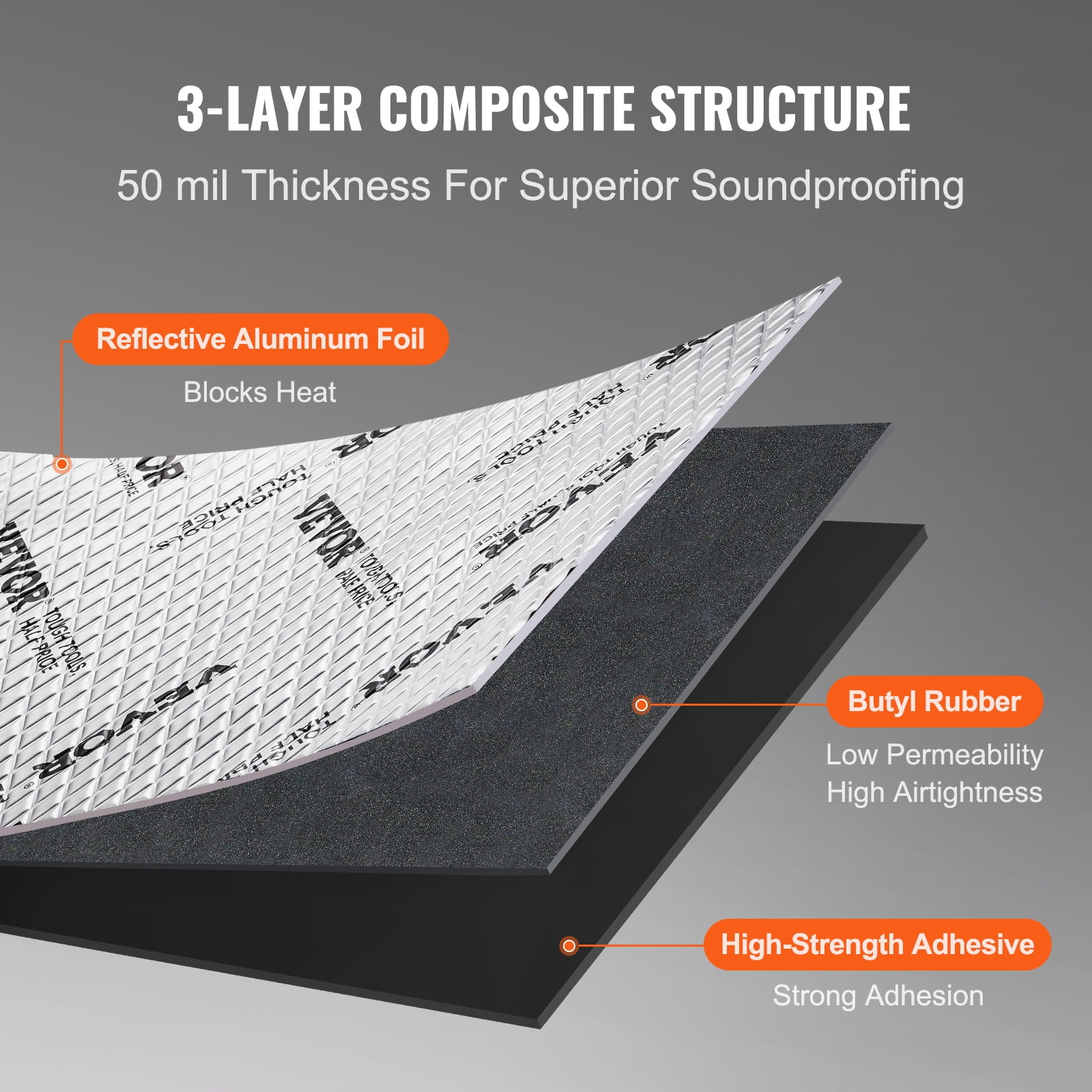 VEVOR Car Sound Deadening Mat, 50 mil 52 sqft Car Sound Dampening Material, Butyl Automotive Sound Deadener, Noise Insulation and Vibration Dampening Material for Car