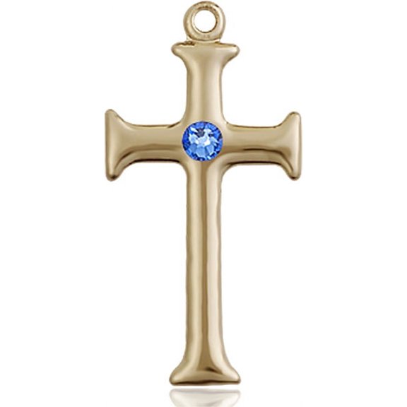 14kt Yellow Gold Cross Medal with 3mm September Blue Swarovski Crystal 1 x 1/2 inches