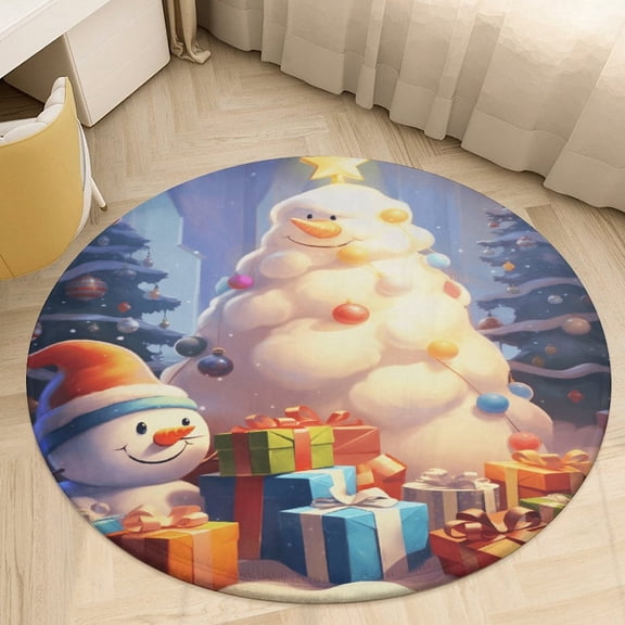 Winter Snowman Christmas Tree Round Area Rugs for Bedroom Living Room, 4FT Soft Indoor Circle Carpets, Carpet Home Decor Floor Mat