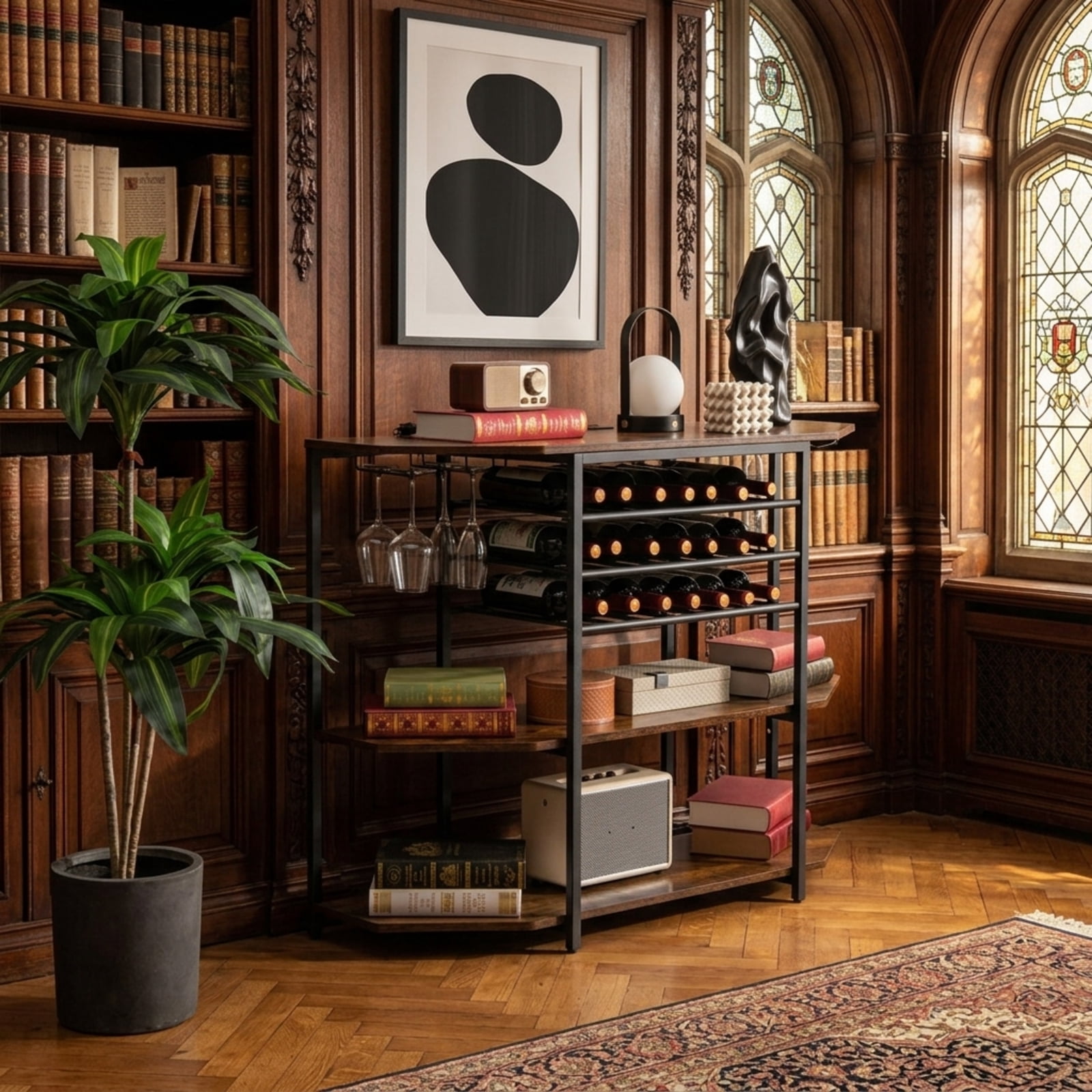 RUIE 3-Tier Wine Bar Cabinet with Storage Shelves, Coffee Bar Buffet Sideboard with Charging Station and Wine Rack for 21 Bottles, Brown