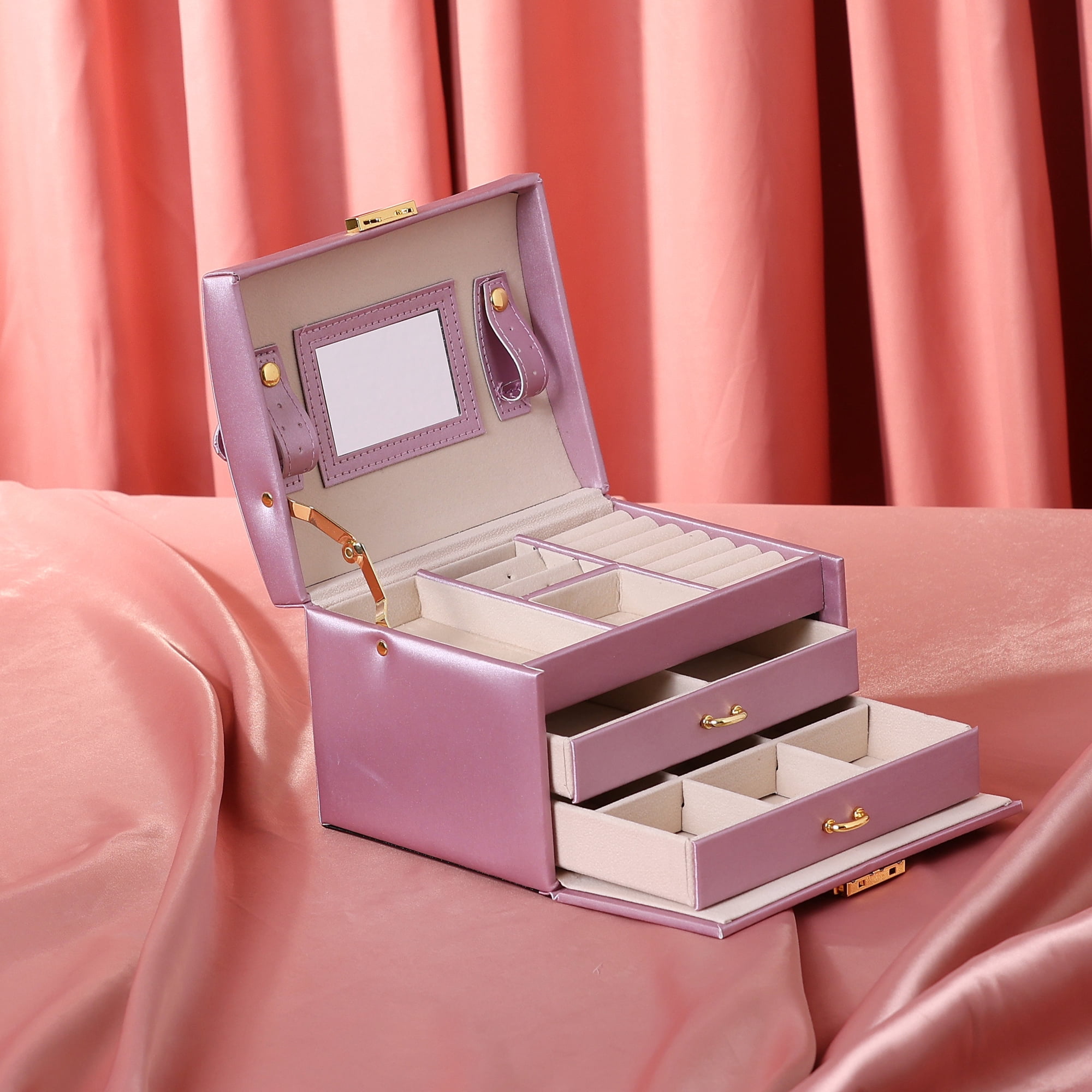 Unique Bargains 3 Layer Jewelry Box with Mirror for Women PU Leather Jewelry Organizer Purple