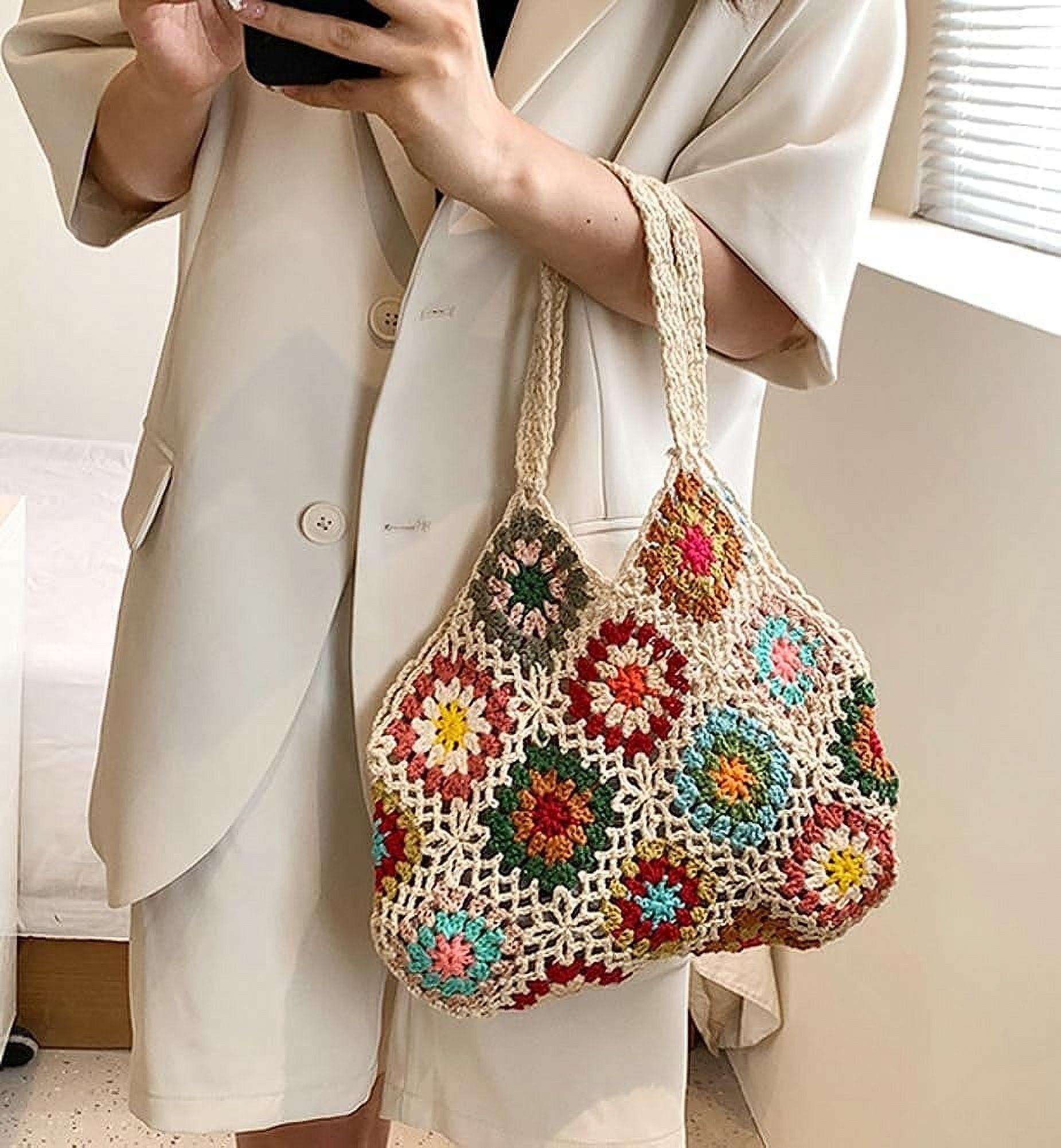 Kukuzhu Cute Floral Knitted Shoulder Bag Women Aesthetic Fairy Y2k Hobo Bag Crochet Small Hand Woven Beach Mesh Tote Purse