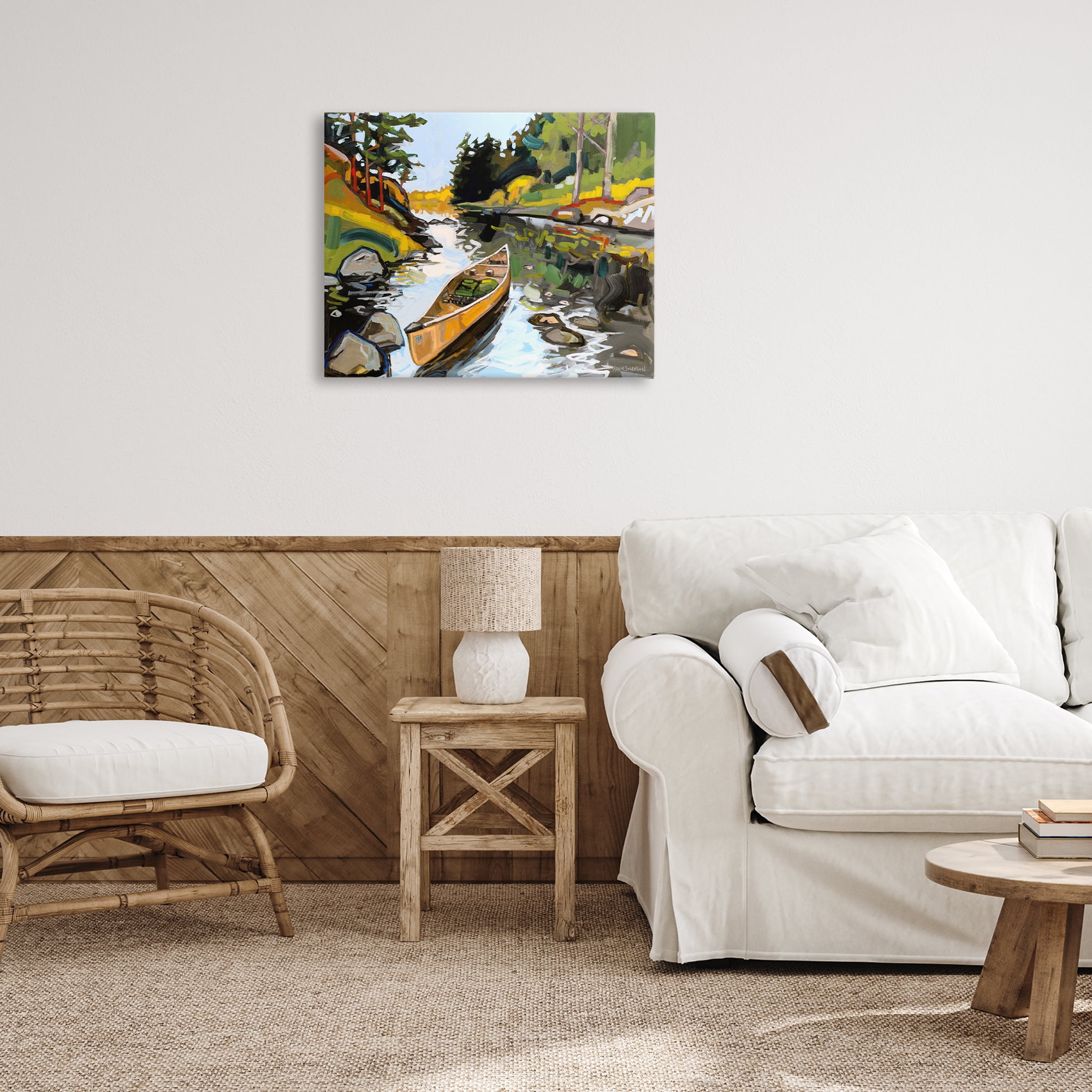 Stupell Industries Canoe Through River Transportation Painting Wrapped Canvas Art Print Wall Art, 30 x 24