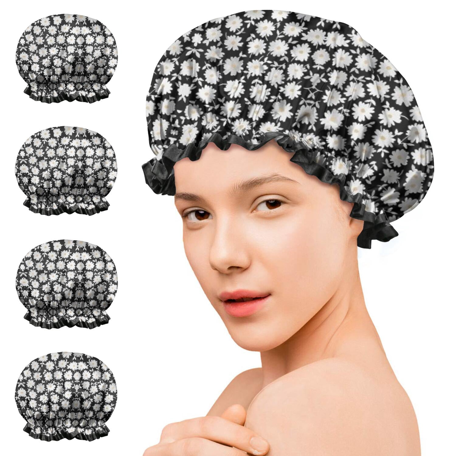 Shower Caps,Black Daisy Flower Pattern Waterproof Shower Cap for Women 4 Pieces,Double Reusable Hair Cover for Shower PEVA Elastic Stretch Hem