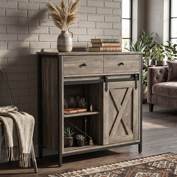 Buffet Cabinet with Storage Drawer, Farmhouse Coffee Bar Table with Storage Drawer and Adjustable Shelf, Small Fluted Sideboard Cabinet for Kitchen, Dining Room, Living Room, Entryway