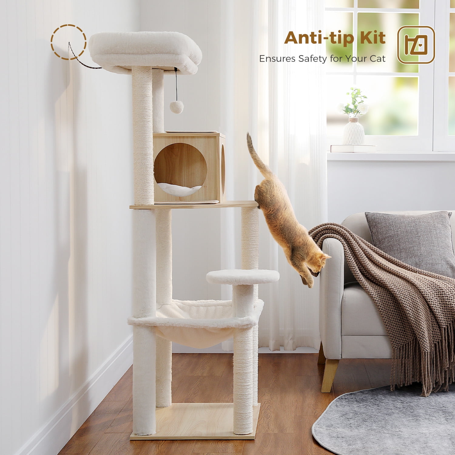 PEQULTI 56.3" Wood Cat Tree for Indoor Cat Cat Tower with Sisal Scratching Post and Large Hammock Beige