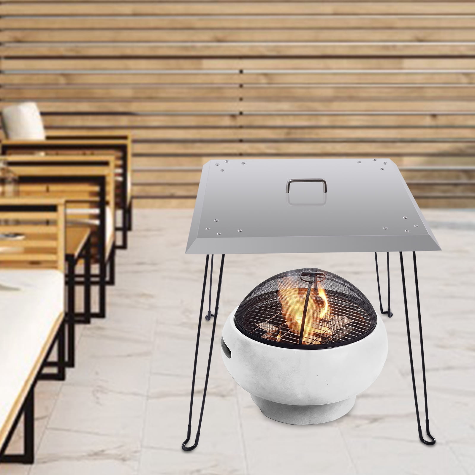 61*61*61cm Silver Square Stainless Steel Outdoors Fire Pit Heat Deflector Pushes Heat Down and Out with Carrying Handle