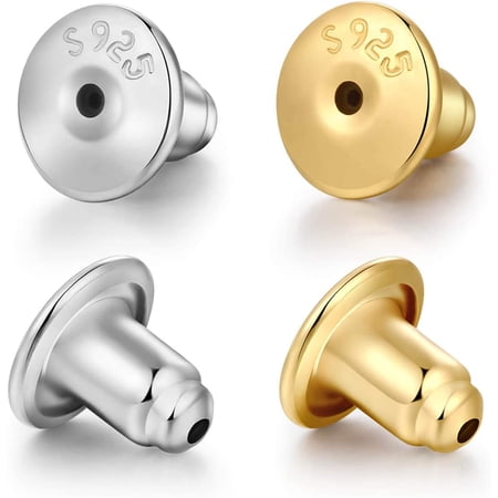 14K Gold Bullet Locking Earring Backs for Diamond Studs,925 Sterling Silver Hypoallergenic Replacements Backings for Pierced Earrings, Silver+Gold 2 Pairs 6mm