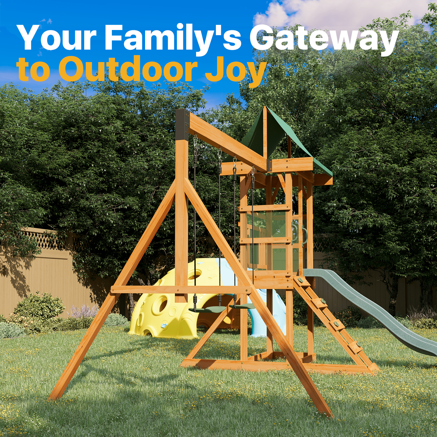 BaPiPro Wooden Backyard Swing Set，Outdoor Playground for Kids with Slide, Play Deck, Rock Wall Ladder, Belt Swings & Chalkboard