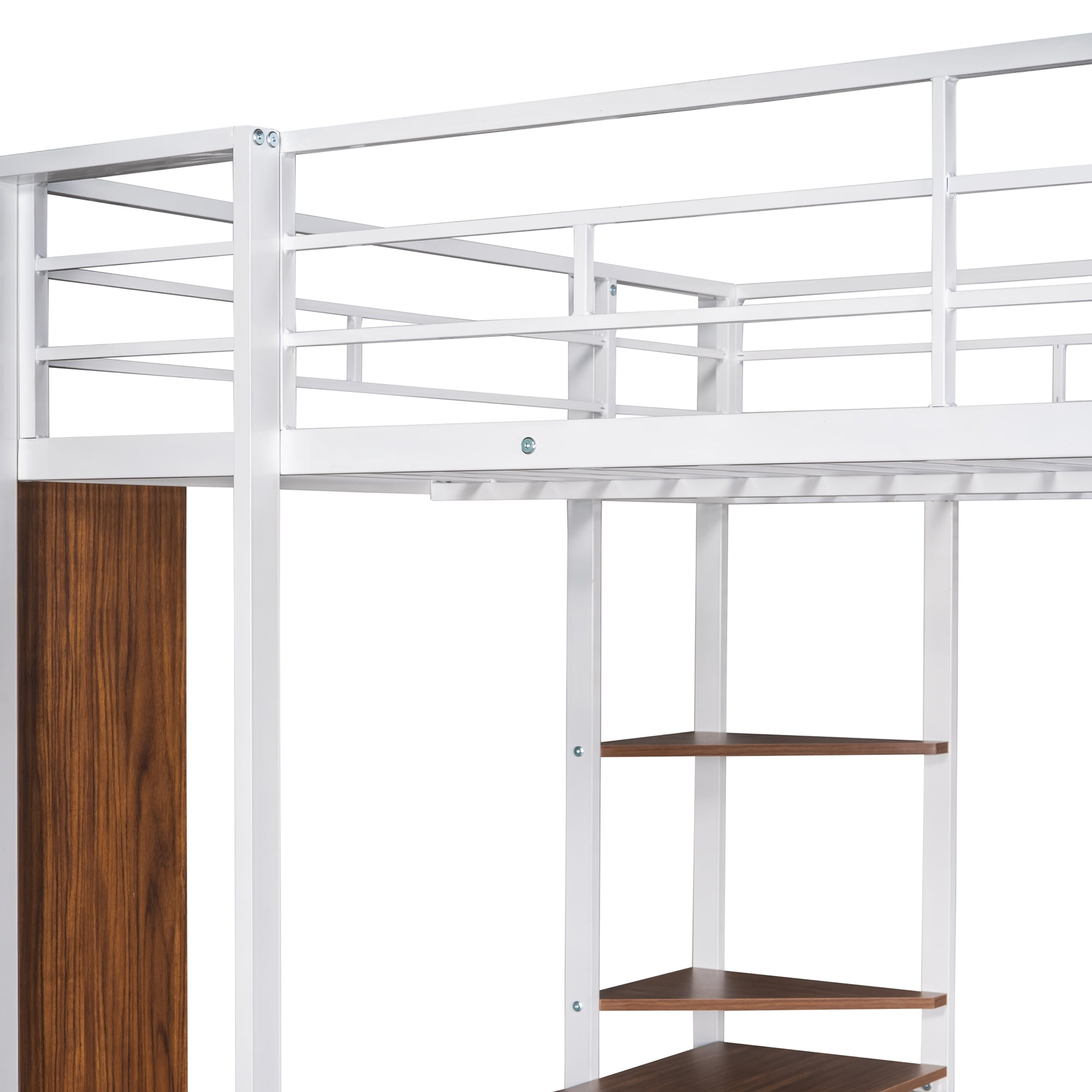 Gewnee Full Size Metal Loft Bed with Desk and Two Ladders for Kids and Teens,White