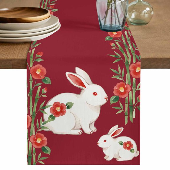 Red Cute Bunnies Table Runner 72 Inches, Farmhouse Rustic Floral Botanical Bed Runner Dresser Scarves Tabletop for Indoor Outdoor Parties/Ceremony/Banquet, 13" x 72"