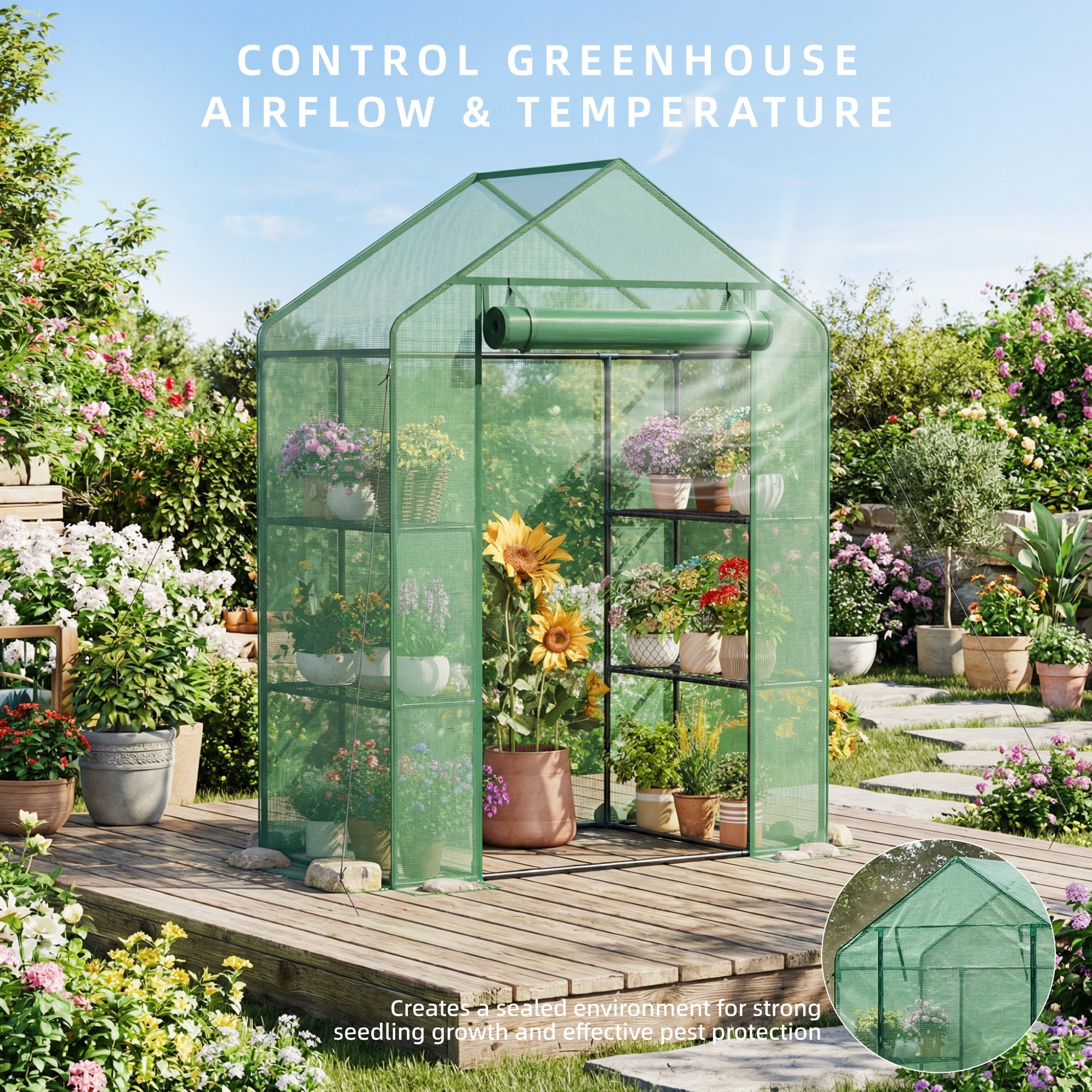Biotree Greenhouses for Outdoors, Durable Green House Kit with Window, 3 Tiers 8 Shelves, Green