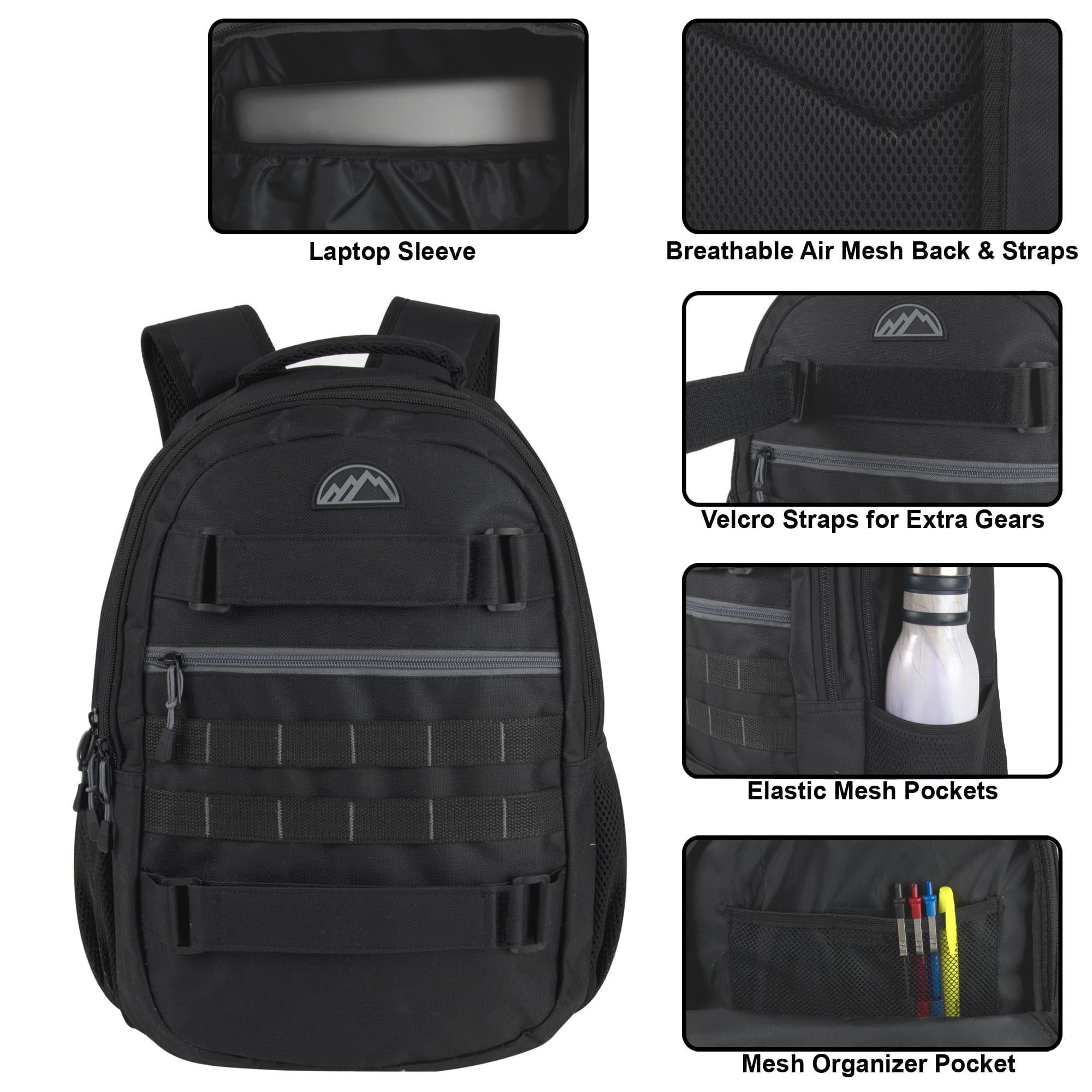 Trail Maker 24 Pack of Bulk Wholesale 19 Inch Heavy Duty, Dual Compartment, Laptop Backpacks with Skateboard Straps for Work, School, College, Skating, Charity and Homeless Donation in All Black Pack