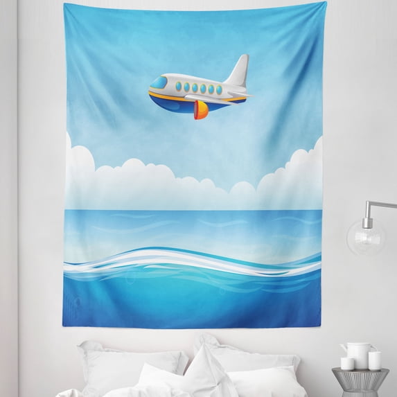 Airplane Tapestry, Aircraft Flying over Sea Cartoon Graphic Wavy Ocean Surface Sky Clouds, Fabric Wall Hanging Decor for Bedroom Living Room Dorm, 5 Sizes, Pale Blue and Orange, by Ambesonne