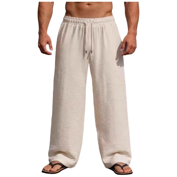 Mens Summer Casual Pants Solid Color Drawstring Elastic Waist Solid Color Travel Vacation Trousers Fathers Gift