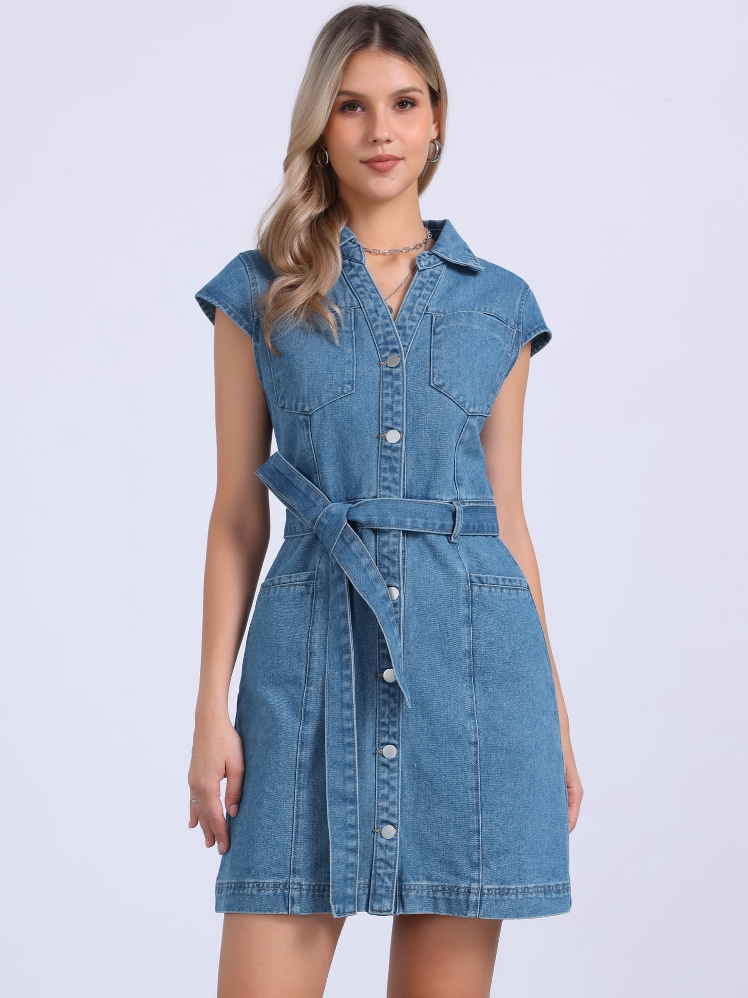 DARING DIVA Women's Cap Sleeve Belted Button Down V Neck Jean Shirt Dress S Light Blue