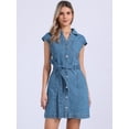 thumbnail image 2 of DARING DIVA Women's Cap Sleeve Belted Button Down V Neck Jean Shirt Dress M Light Blue, 2 of 6