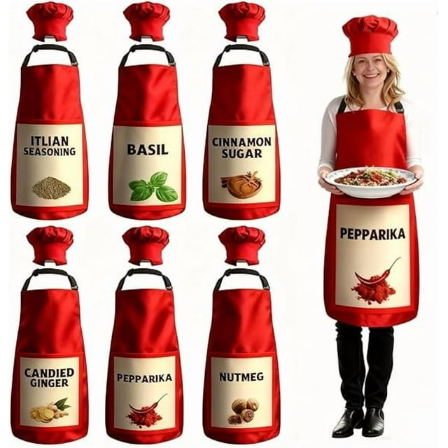 Conjunto de 6 Delantales y Gorro de Chef para Mujeres Adultas | Disfraz de Condimento Rojo con Tirantes Ajustables | Disfraz Grupal de Halloween | Disfraz de Fiesta En Equipo | Disfraz Familiar