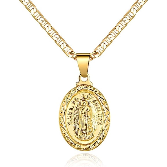 Sdmnsg-T 18K Gold Plated Flat Mariner/Marina Chain Necklace With Virgin Mary Guadalupe Charm Pendant