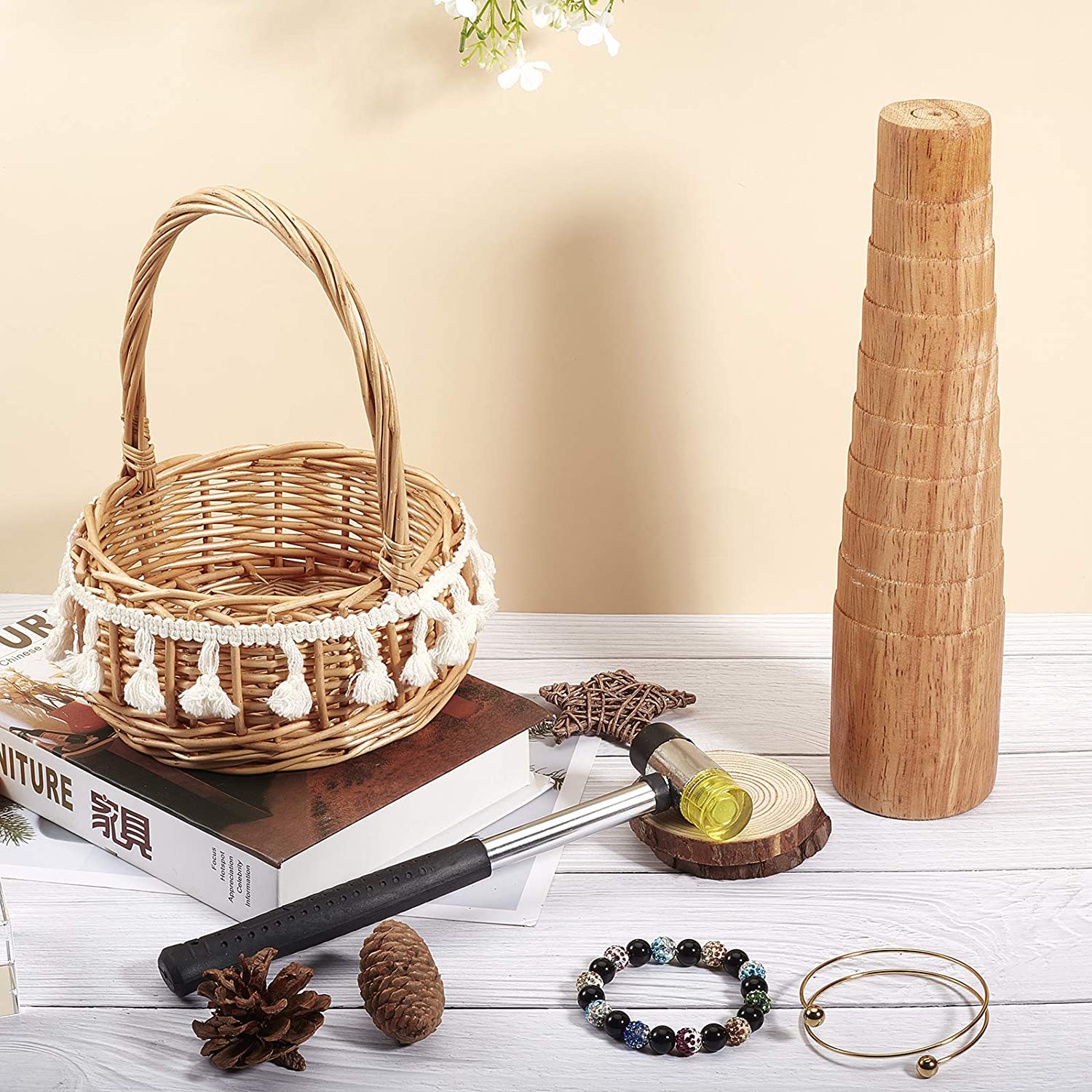 Jewelry Tool sets with Wooden Bracelet Sizing Bangle Mandrel and Steel Handle Installable Two Way Rubber Hammers diy