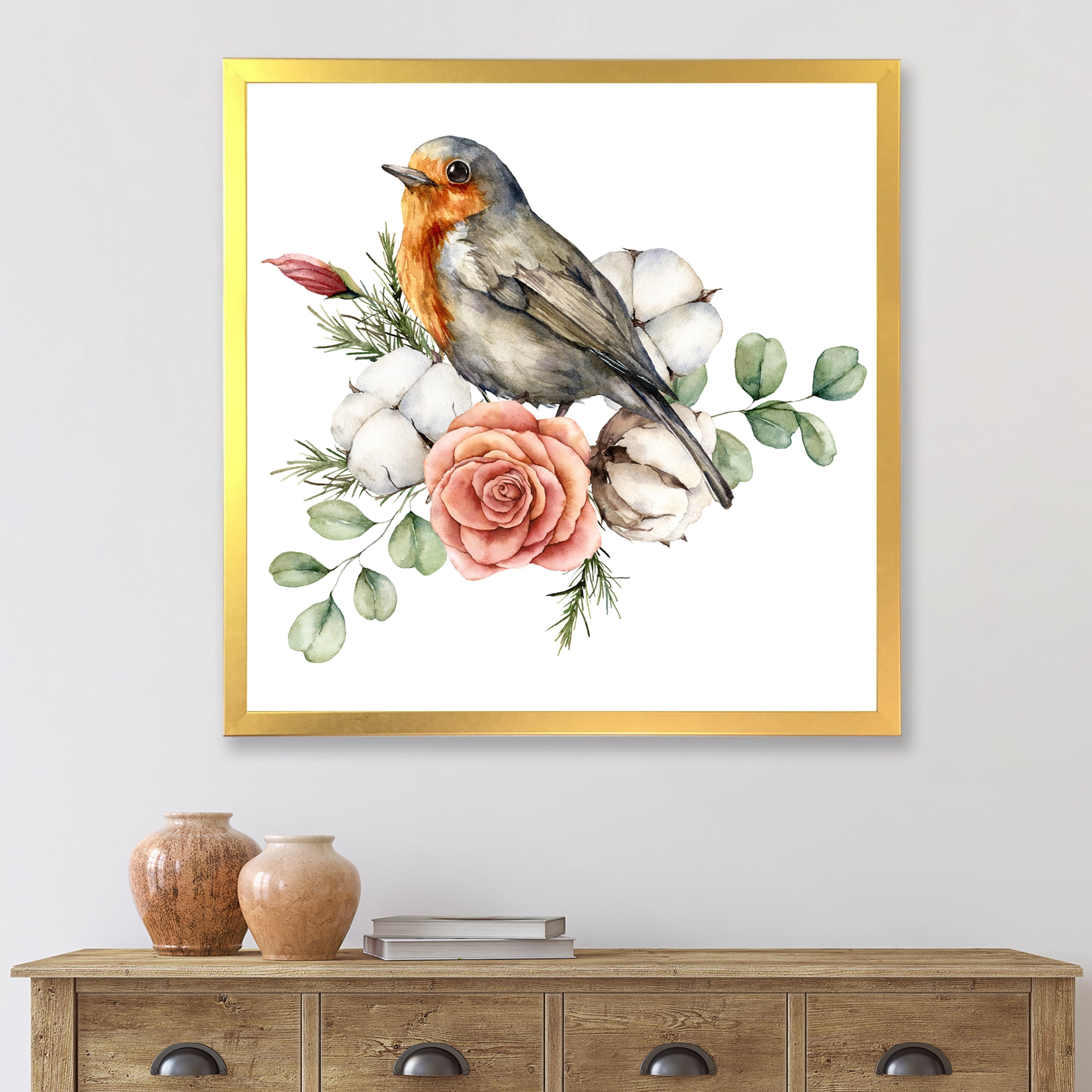 Designart 'Cotton Rose and Leaves With Robin Redbreast' Traditional Framed Art Print