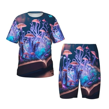 Luyuia Book Glowing Mushrooms Print Girls  2-Piece Tie-Dye Pajama Set  Cute Summer Loungewear with Shirt and Tank Shorts Nightwear-4X-Large