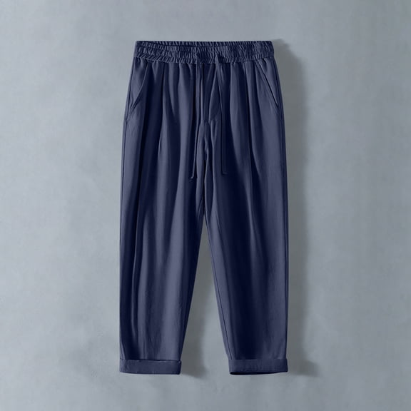 Yaoyar Men's Casual Solid Color Pants with Drawstring Detail and Elastic Waist Comfortable Fit for Daily Activities Long Trousers,L,Navy