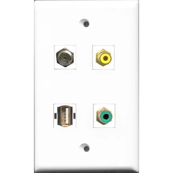 RiteAV 1 Port RCA Yellow and 1 Port RCA Green and 1 Port Coax Cable TV- F-Type and 1 Port USB A-A Wall Plate