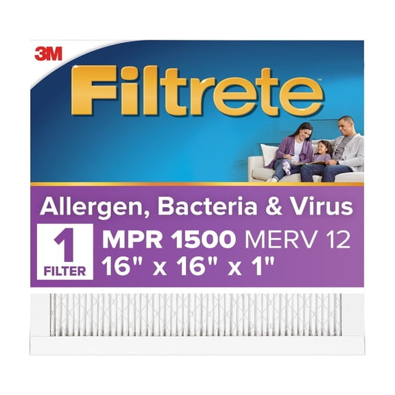 Filtrete 16x16x1 HVAC Furnace Air Filter, MPR 1500 MERV 12, Allergen, Bacteria and Virus, 1 Filter