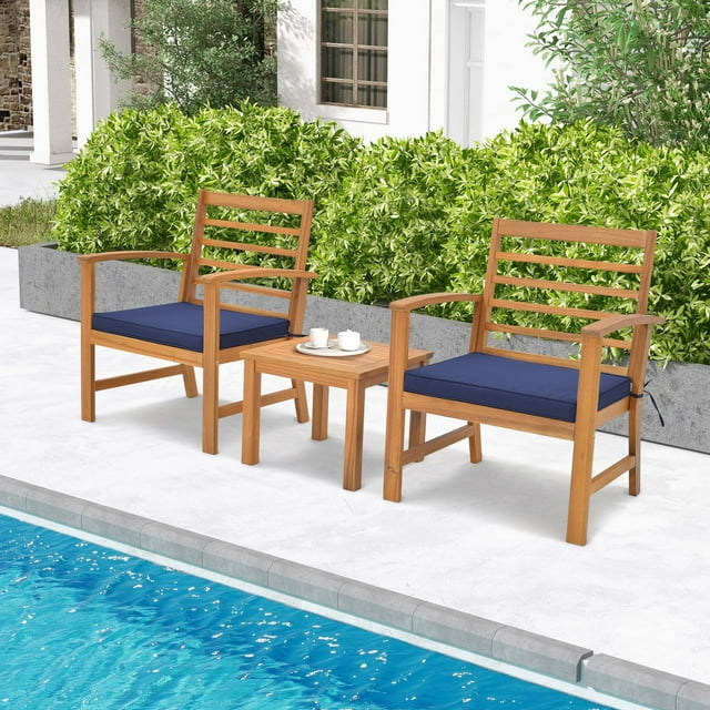Costway 3 PCS Outdoor Furniture Set Acacia Wood Conversation Set with Soft Seat Cushions Navy