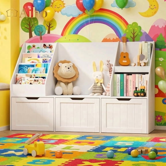 Aiho 48"Kids Bookshelf, Toy Storage Organizer with 3 Drawers on wheels & 4-Tier Book Racks, Toy Storage Organizer for Playroom Bedroom - White