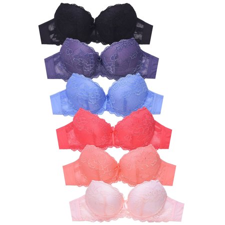 

LAVRA Women s 6-Pack Push Up Full Cup Brawith Lace Detailing Floral Lingerie Polyester-Spandex