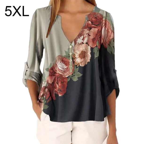 Blusa Camisa con cuello en V y estampado floral Blusa suelta de manga larga Top de mujer, Gris, 5XL Advancent AP002021-16