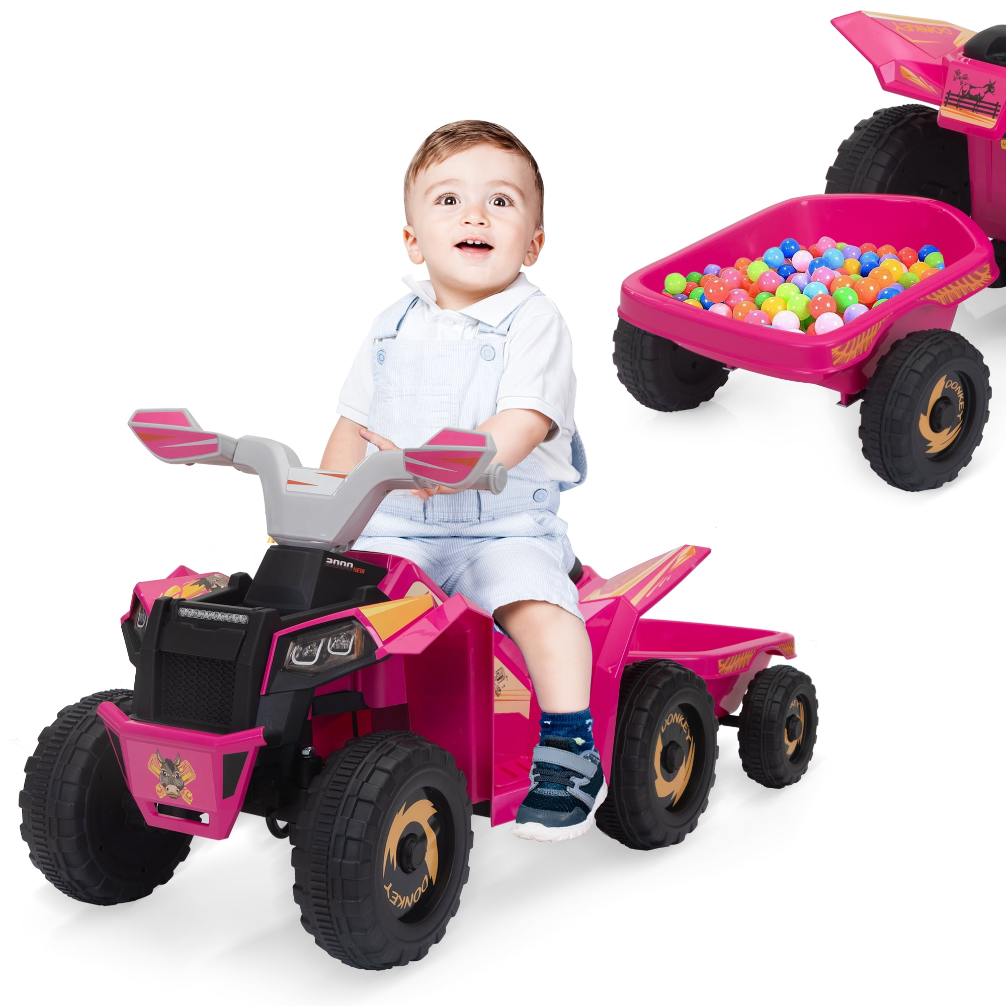 TOBBI Kids ATV, 6V 4 Wheeler Electric Quad Car Ride on Toys with Trailer, Bluetooth, Music, Horn, Rose Red
